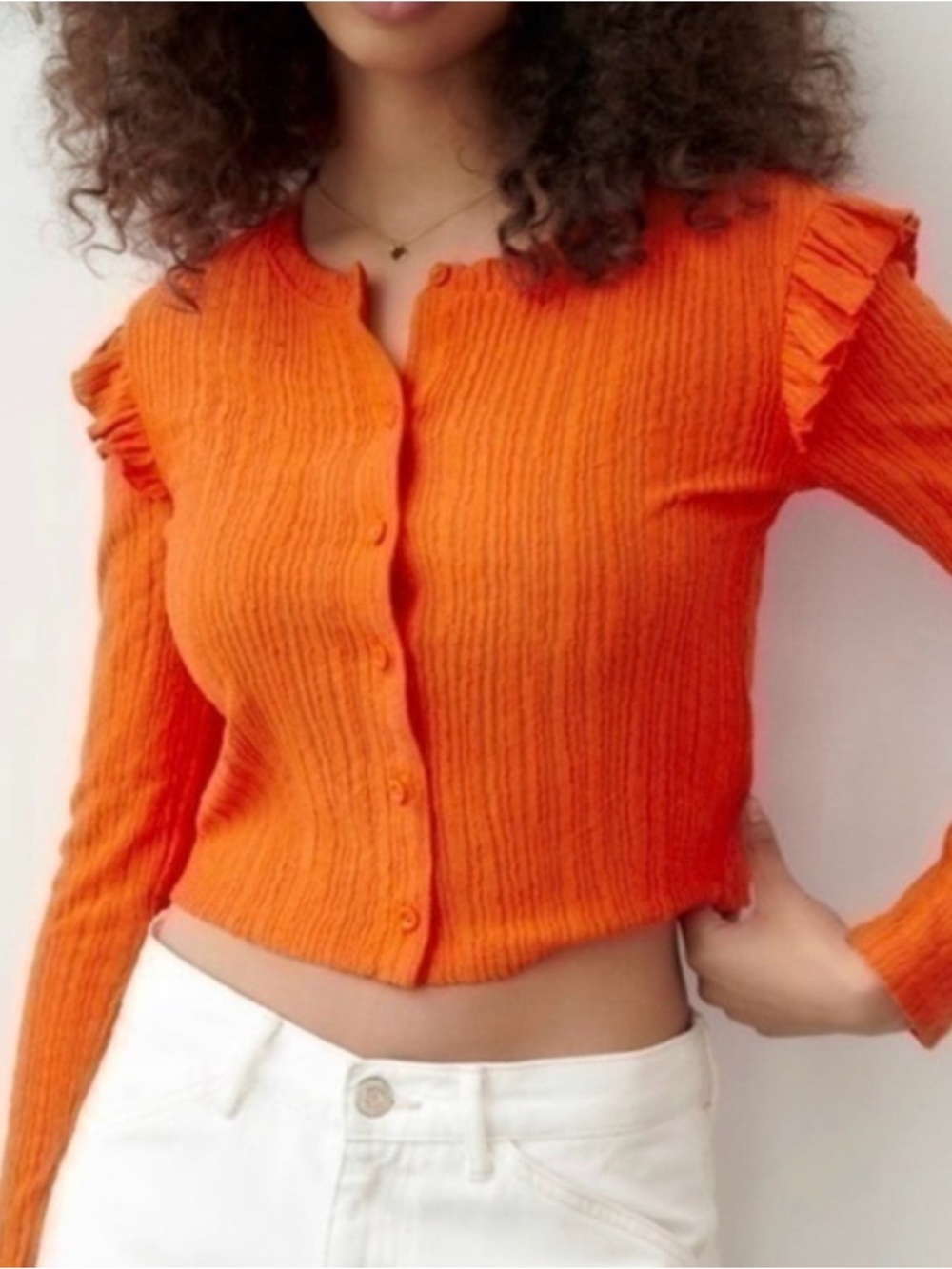 Zara Vibrant Orange Ribbed Button Cardigan with Ruffle Shoulders
